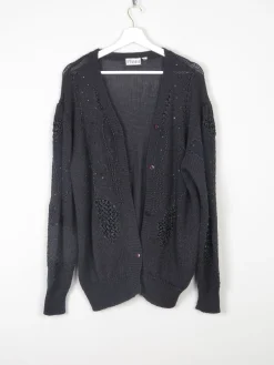 Women's Black Beaded Oversized Vintage Cardigan M/L