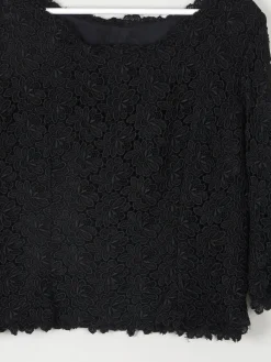 Women's Black Lace 3/4 Sleeved Boat Neck 1950s Evening Top L