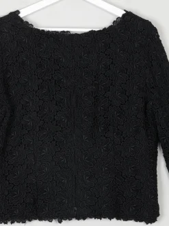Women's Black Lace 3/4 Sleeved Boat Neck 1950s Evening Top L