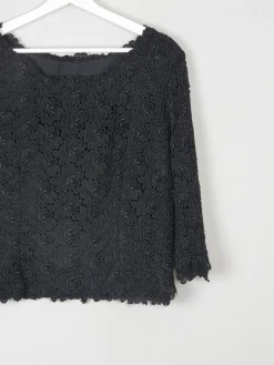 Women's Black Lace 3/4 Sleeved Boat Neck 1950s Evening Top L