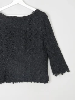 Women's Black Lace 3/4 Sleeved Boat Neck 1950s Evening Top L