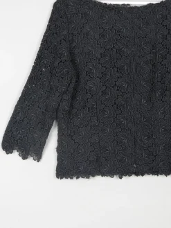 Women's Black Lace 3/4 Sleeved Boat Neck 1950s Evening Top L
