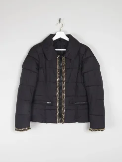Women's Black Quilted Puffer Jacket With Gold Chain Trims XS/S