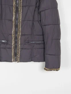 Women's Black Quilted Puffer Jacket With Gold Chain Trims XS/S