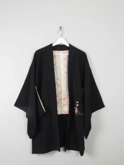 Women's Black Vintage Kimono Satin With Print M/L