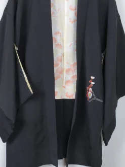 Women's Black Vintage Kimono Satin With Print M/L