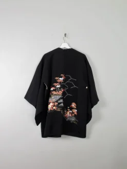 Women's Black Vintage Kimono Satin With Print M/L
