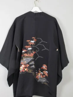 Women's Black Vintage Kimono Satin With Print M/L