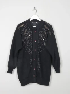 Women's Black Vintage Wool Cardigan With Beads & Lurex Trims S/M