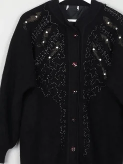 Women's Black Vintage Wool Cardigan With Beads & Lurex Trims S/M