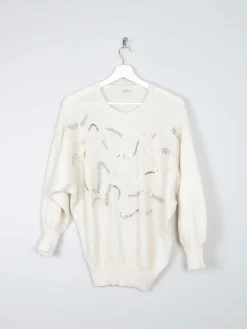Women's Cream Beaded Embellished Wool Jumper S