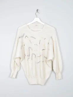 Women's Cream Beaded Embellished Wool Jumper S