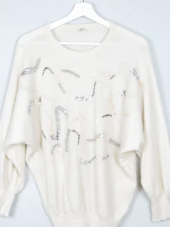 Women's Cream Beaded Embellished Wool Jumper S