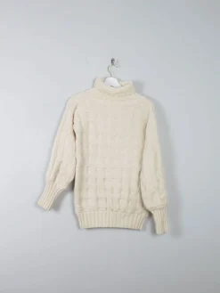 Women's Cream Wool Vintage Aran Polo Neck Jumper S/M