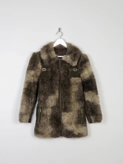 Women’s Green & Brown 1970s Printed Faux Fur Zip Up Jacket 10/12