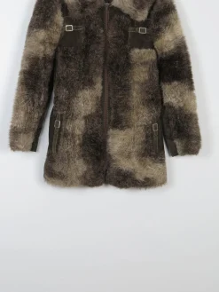 Women’s Green & Brown 1970s Printed Faux Fur Zip Up Jacket 10/12