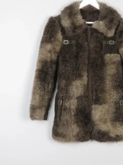 Women’s Green & Brown 1970s Printed Faux Fur Zip Up Jacket 10/12
