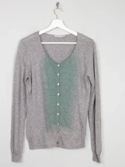 Women's Grey & Green Fine Knit Turnover Cardigan M