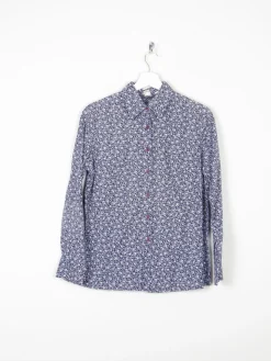 Women's Navy & White Floral Print Prairie Style Blouse With Collar 10 Approx
