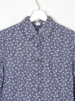 Women's Navy & White Floral Print Prairie Style Blouse With Collar 10 Approx