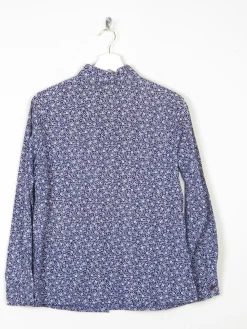 Women's Navy & White Floral Print Prairie Style Blouse With Collar 10 Approx
