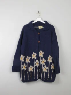Women's Navy Vintage Wool Cardigan Handmade L/XL