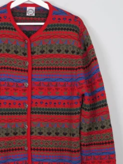 Women's Red Patterned Vintage Cardigan L /XL