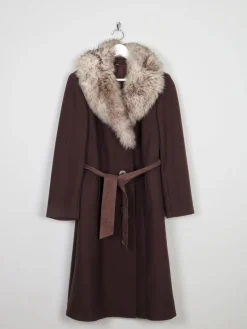 Women's 70s Brown Coat With Faux Fur Collar M