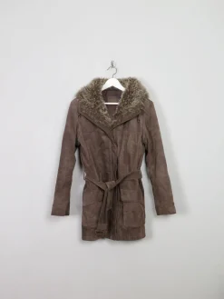 Women's 90's Brown Suede Jacket With Furry Hood M
