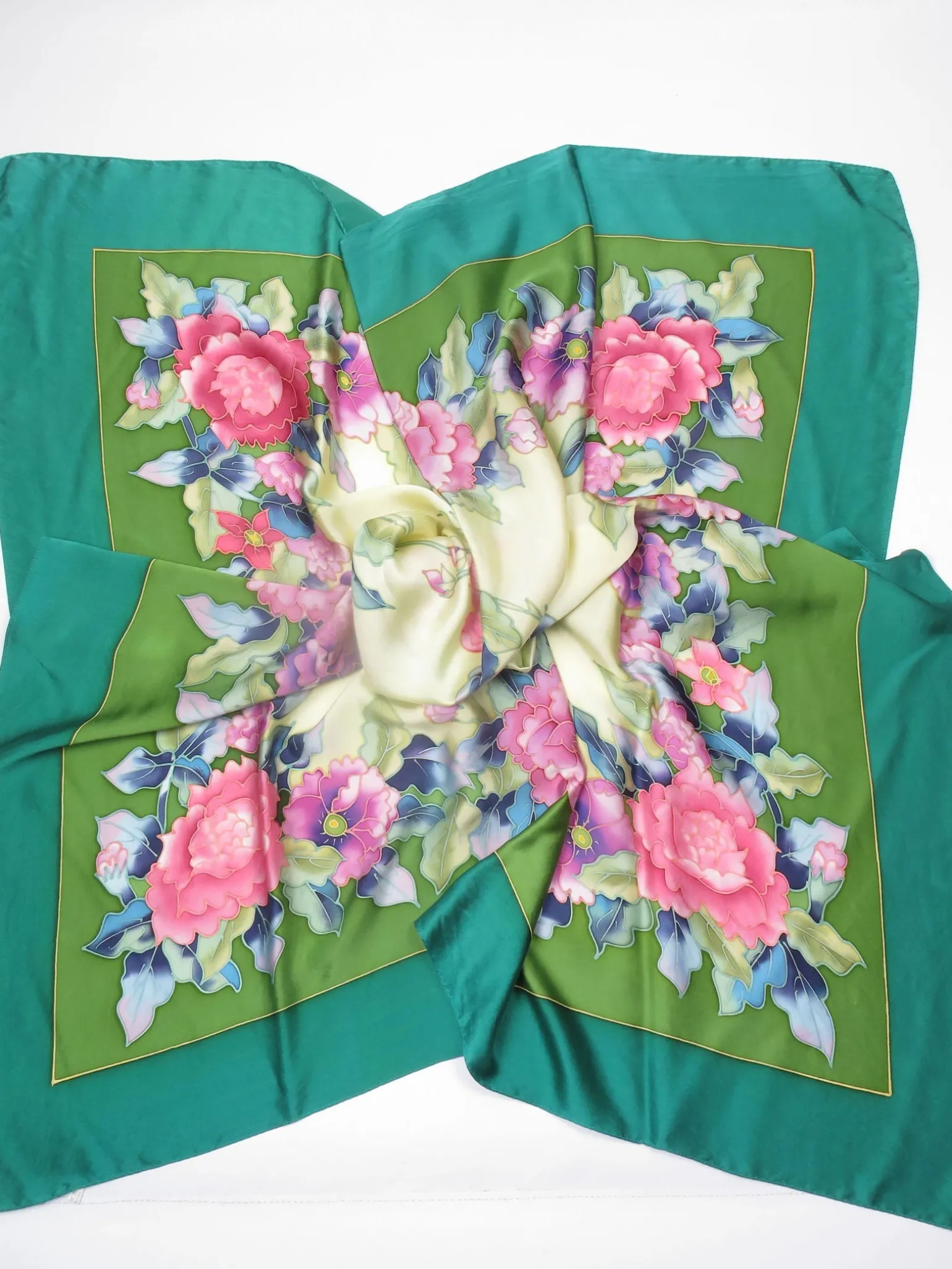 Women's Silk Large Vintage Scarf Green Printed