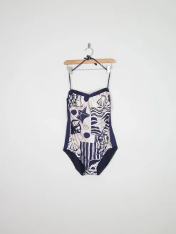 Women’s Vintage Beach Print Navy Swimsuit M