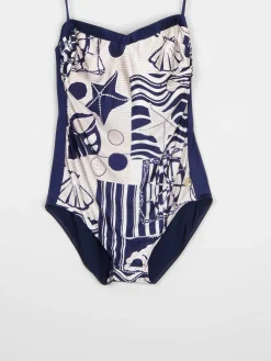 Women’s Vintage Beach Print Navy Swimsuit M