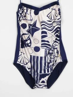 Women’s Vintage Beach Print Navy Swimsuit M