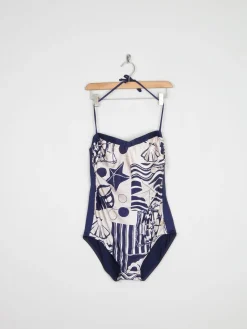 Women’s Vintage Beach Print Navy Swimsuit M