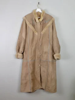 Women's Vintage Beige Sheepskin Embroidered Coat M/L