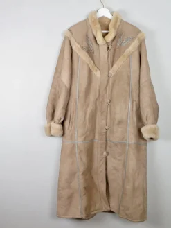 Women's Vintage Beige Sheepskin Embroidered Coat M/L