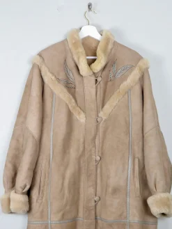 Women's Vintage Beige Sheepskin Embroidered Coat M/L