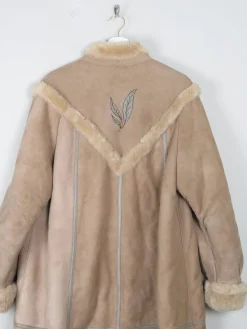 Women's Vintage Beige Sheepskin Embroidered Coat M/L