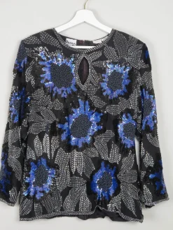 Women’s Vintage Black & Blue Beaded Long Sleeved Top M