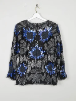 Women’s Vintage Black & Blue Beaded Long Sleeved Top M