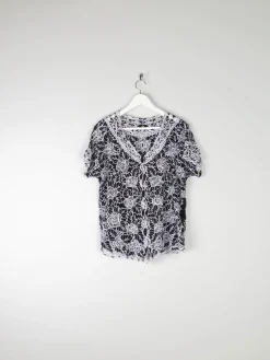 Women's Vintage Black & White Lace Blouse M