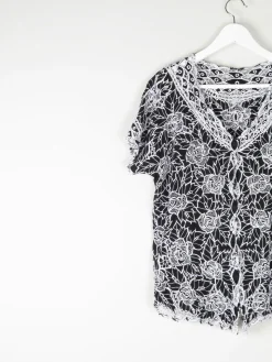 Women's Vintage Black & White Lace Blouse M