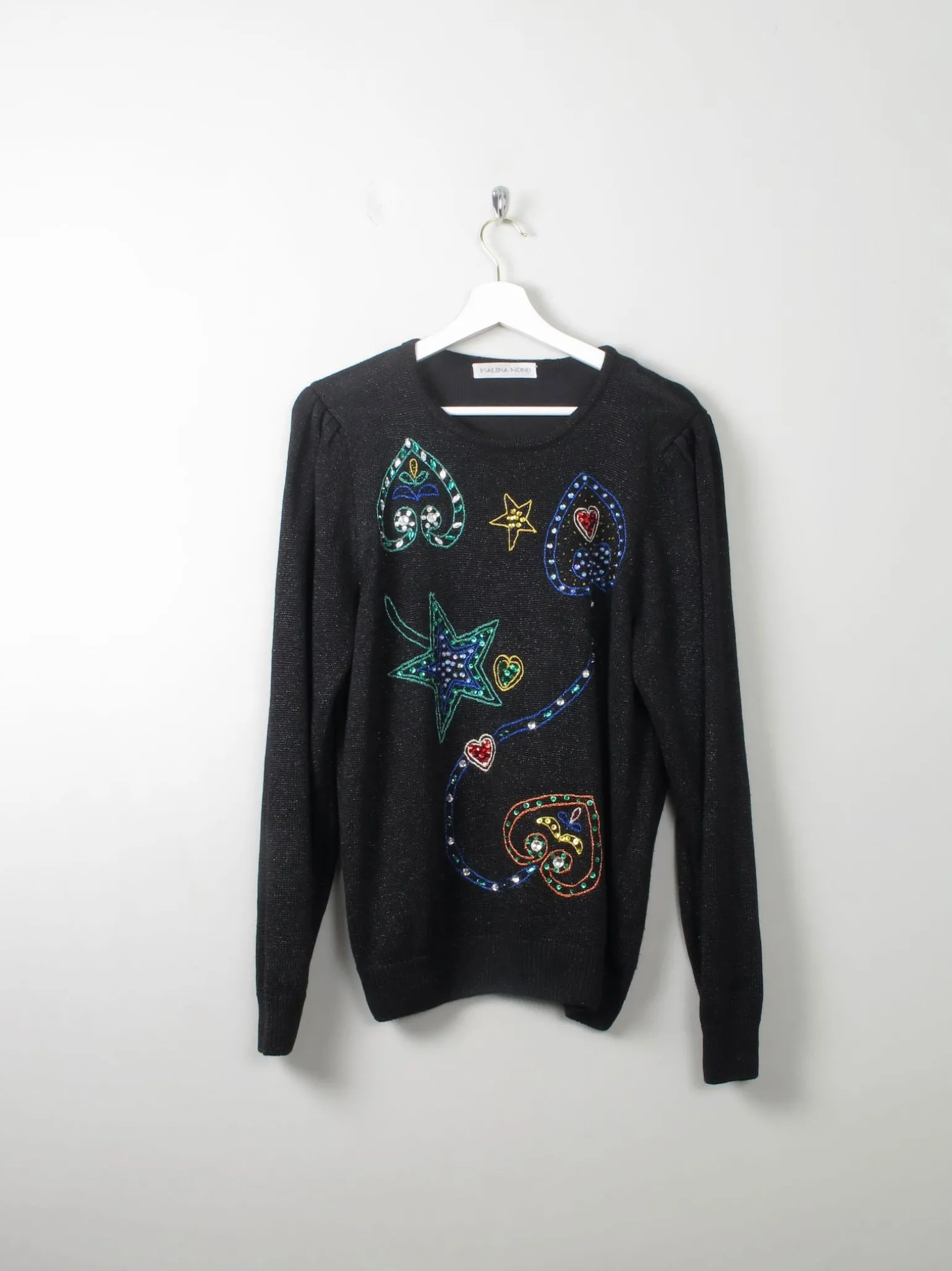Women's Vintage Black Cotton Embellished Jumper M