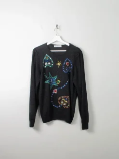 Women's Vintage Black Cotton Embellished Jumper M