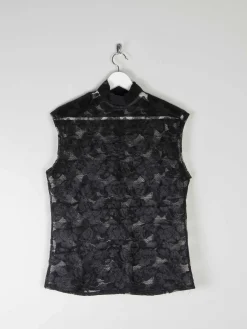 Women’s Vintage Black Lace Sleeveless Blouse With High Neck M