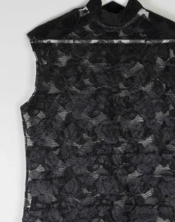Women’s Vintage Black Lace Sleeveless Blouse With High Neck M