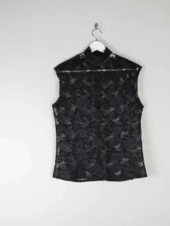 Women’s Vintage Black Lace Sleeveless Blouse With High Neck M