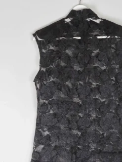 Women’s Vintage Black Lace Sleeveless Blouse With High Neck M