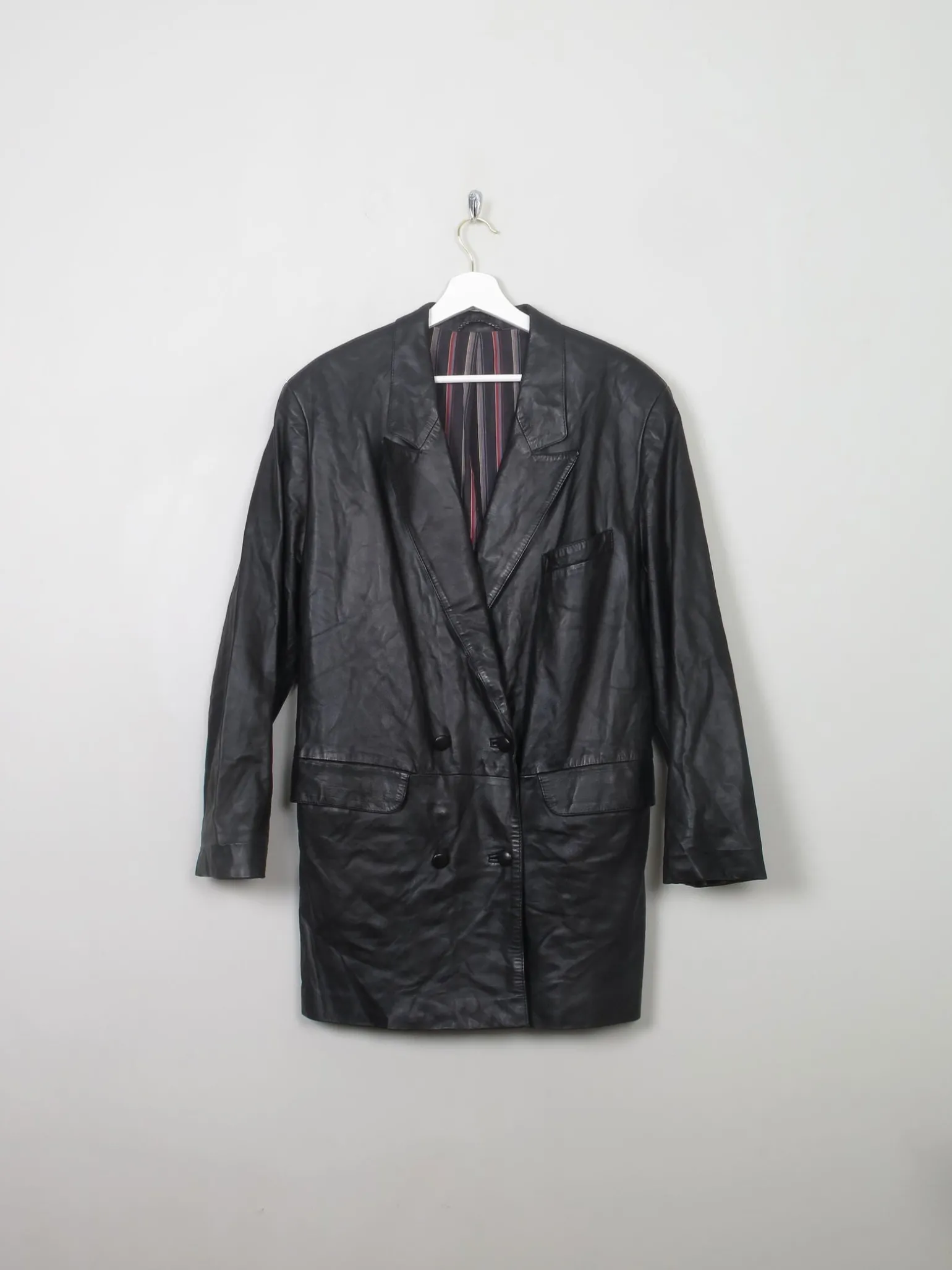 Women's Vintage Black Leather Long Jacket M/L
