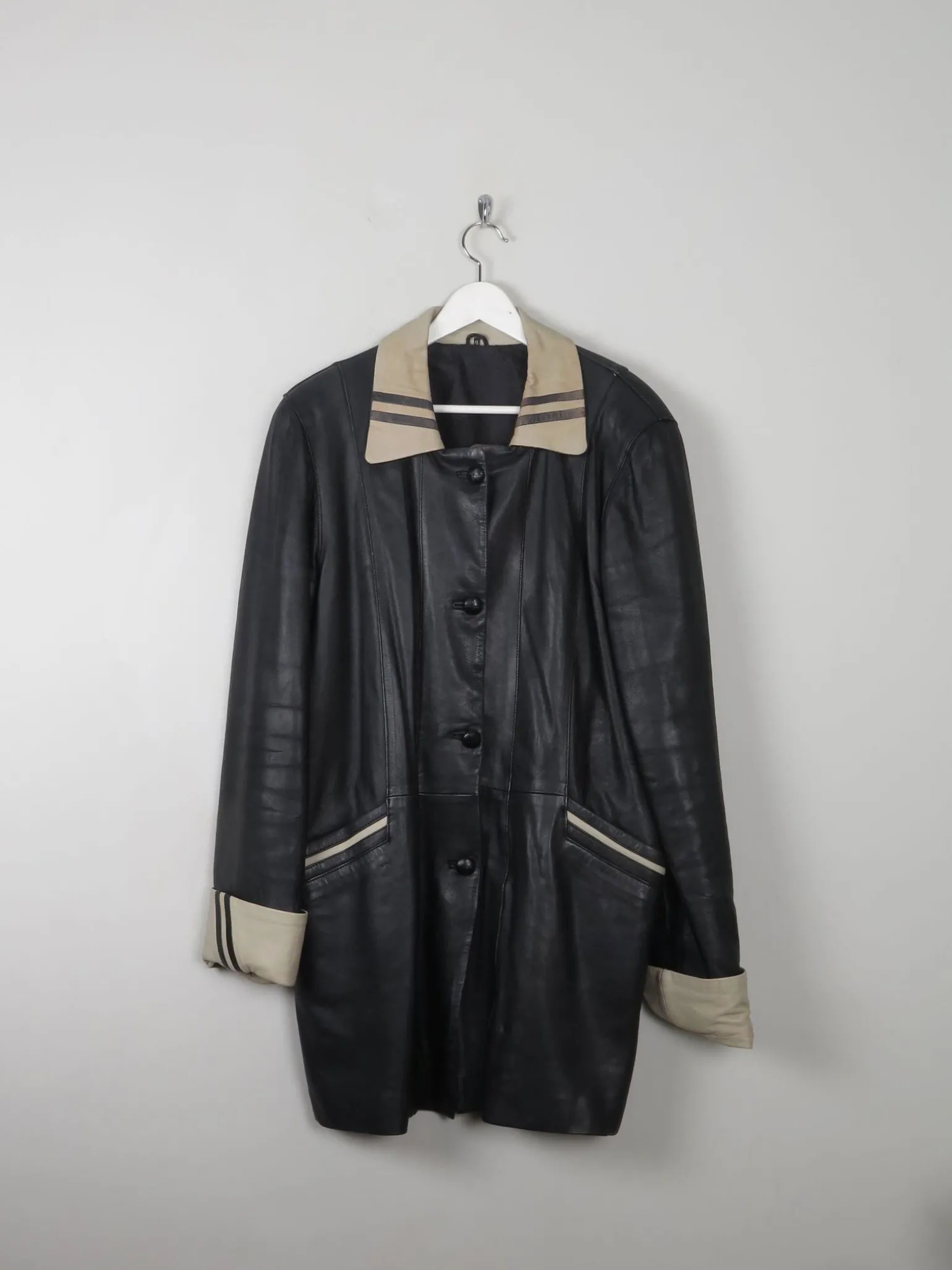 Women's Vintage Black Leather Coat L/XL